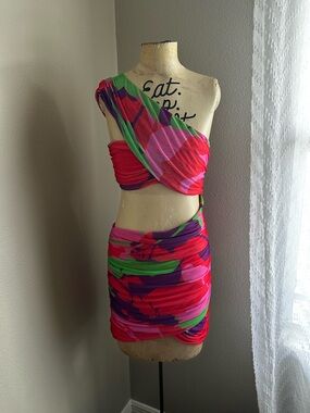 AFRM Red Pink Green Abstract Floral Print Mini Dress